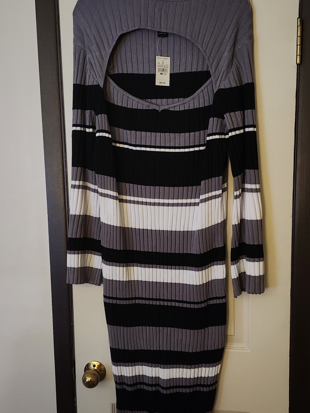 Ribbed Striped Knit Dress in Black, Gray & White
